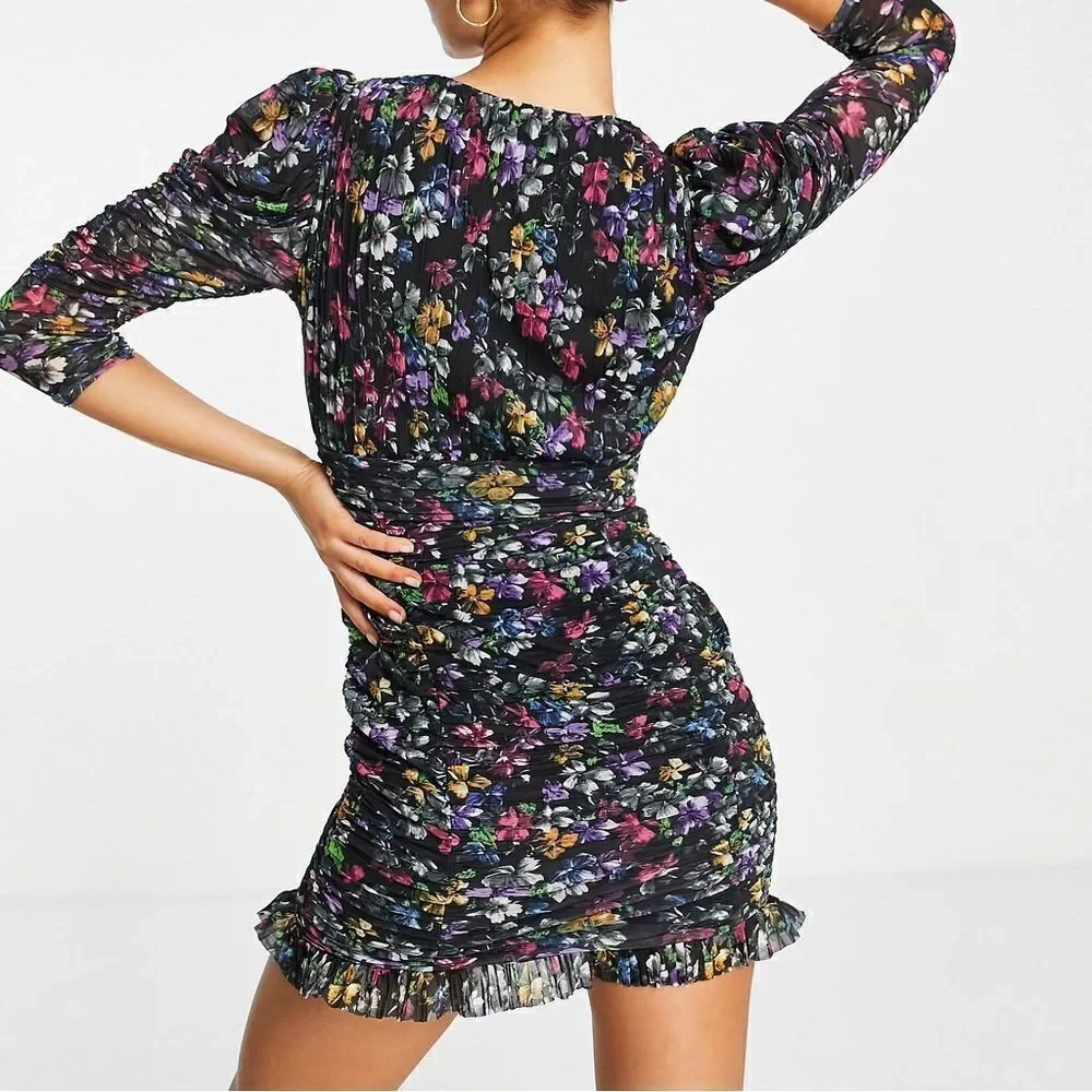 French Connection Dress Womens 2 Zelka Alanna Jersey Colorful Ruched Long Sleeve